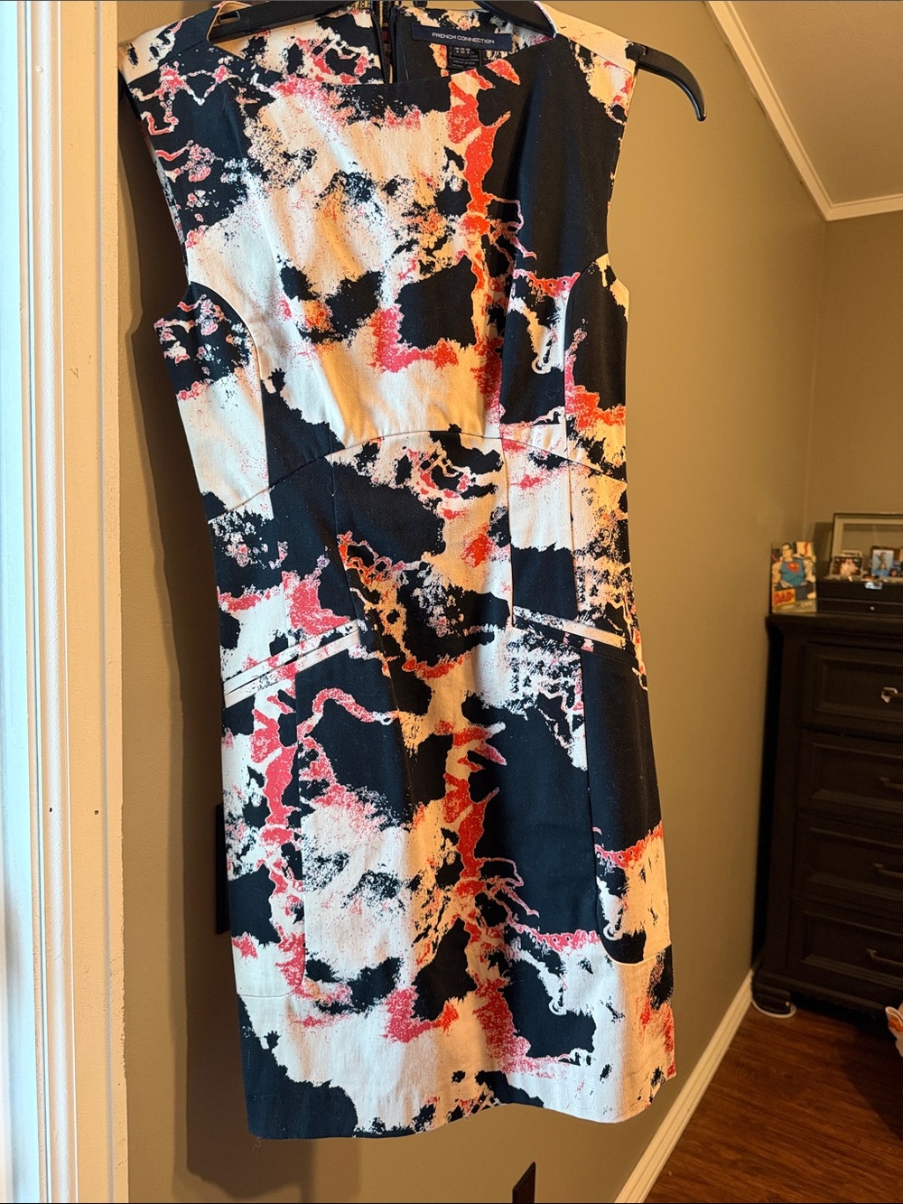 French Connection Sleeveless Abstract Print Mini Dress - Black, White & Coral